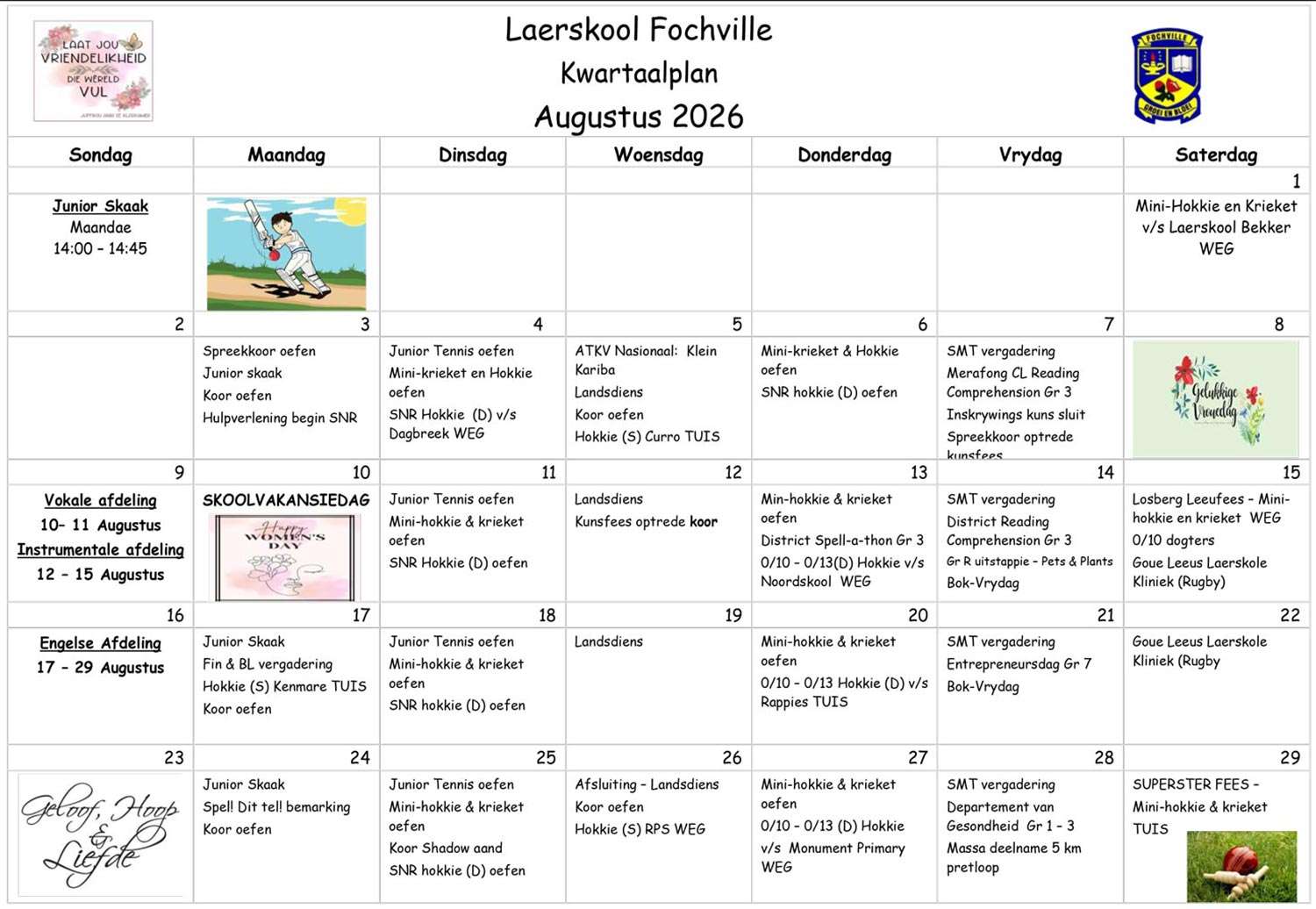 Laerskool Fochville Augustus 2026 kalender