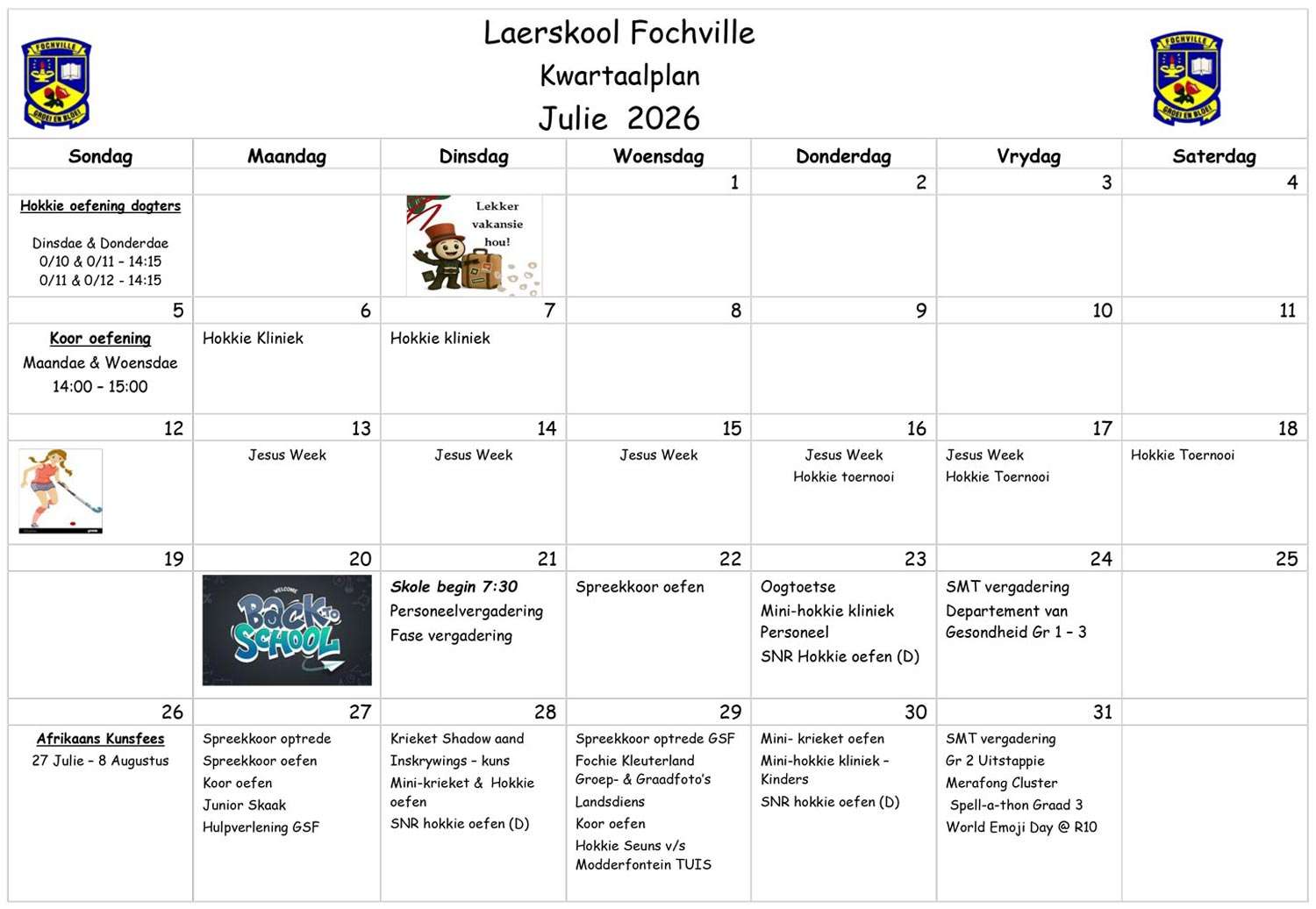 Laerskool Fochville Julie 2026 kalender
